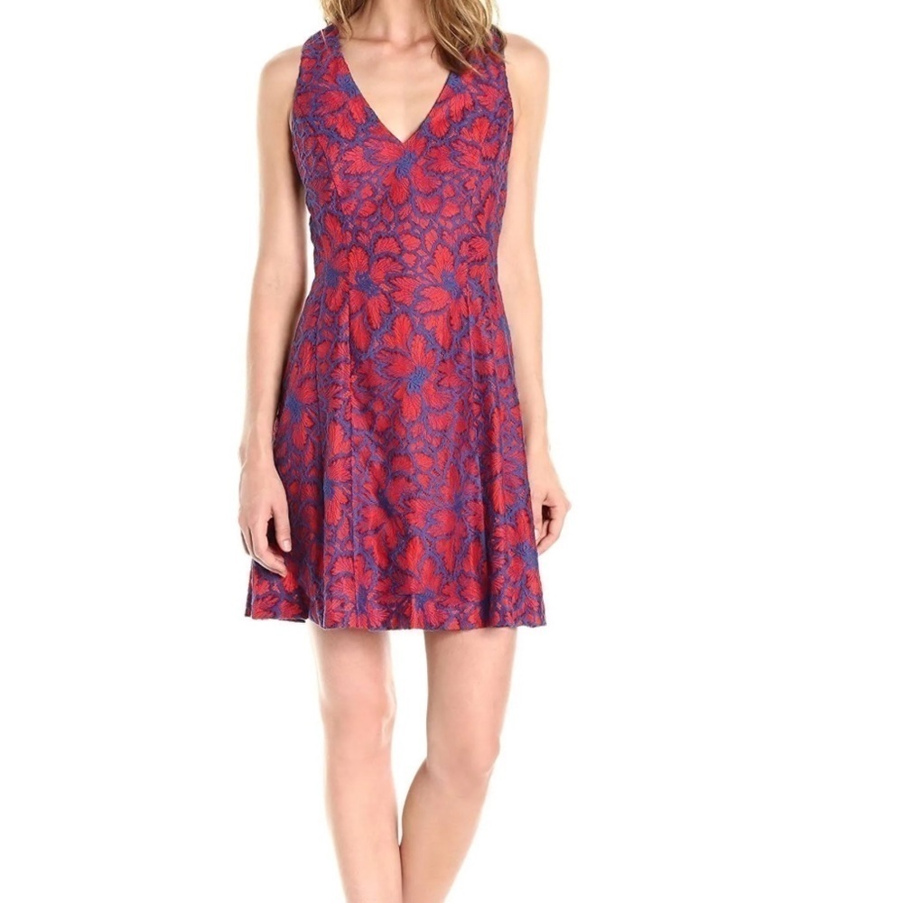 🆕 RACHEL ROY Women's Two-Tone Lace Fit & Flare Dress (8, Red Orange)